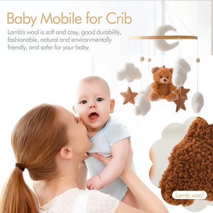 Baby Wooden Bed Bell Mobile Hanging Rattle Toys Teddy Velvet Bear Rabbit Doll Toy Newborn Music Hanger Crib Mobile Bracket Gifts