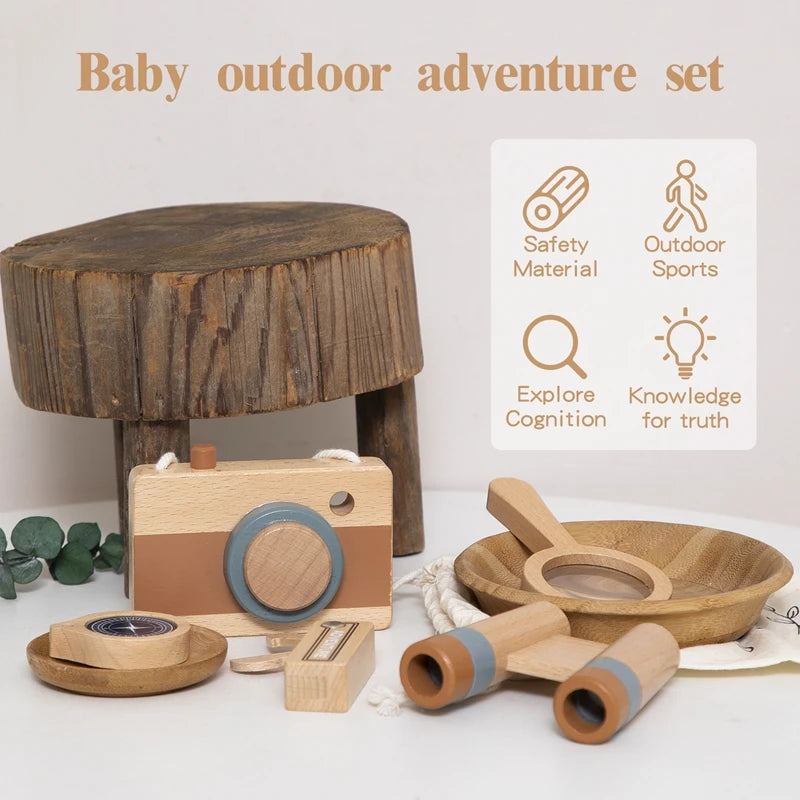 5pcs Outdoor Montessori Adventure Set Wooden Telescope Compass Toy  For Children Wooden DIY Presents Nursing Gifts Outdoor Toys