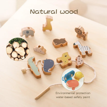 1Pcs Baby Wooden Animal Threading Toys Montessori Zoo Theme Stacking Blocks Puzzle Infant Animal Stringing Threading Toys Gifts