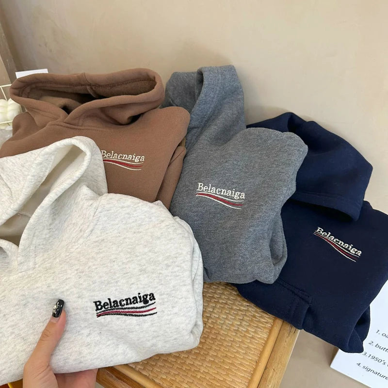 IYEAL  Winter Children Warm Fleece Hooded Set Boys and Girls' Letter Hooded Sweatshirt+Warm Pants Two Piece Set