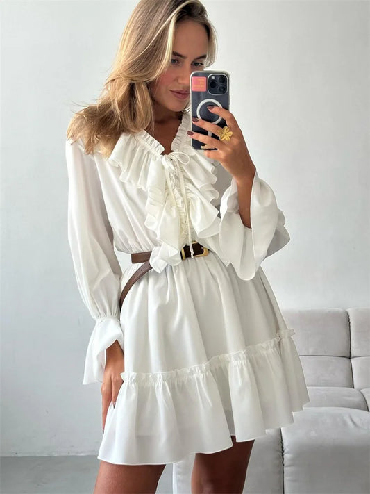 Tossy Ruffled V-Neck White Mini Dress Female