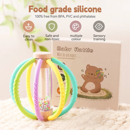 Baby Rattle Toy Wood Teether Bed Bell Silicone Montessori Ball Baby Sensory Touch Toy Kid Dental Care Gum Hand Molar Stick Gift