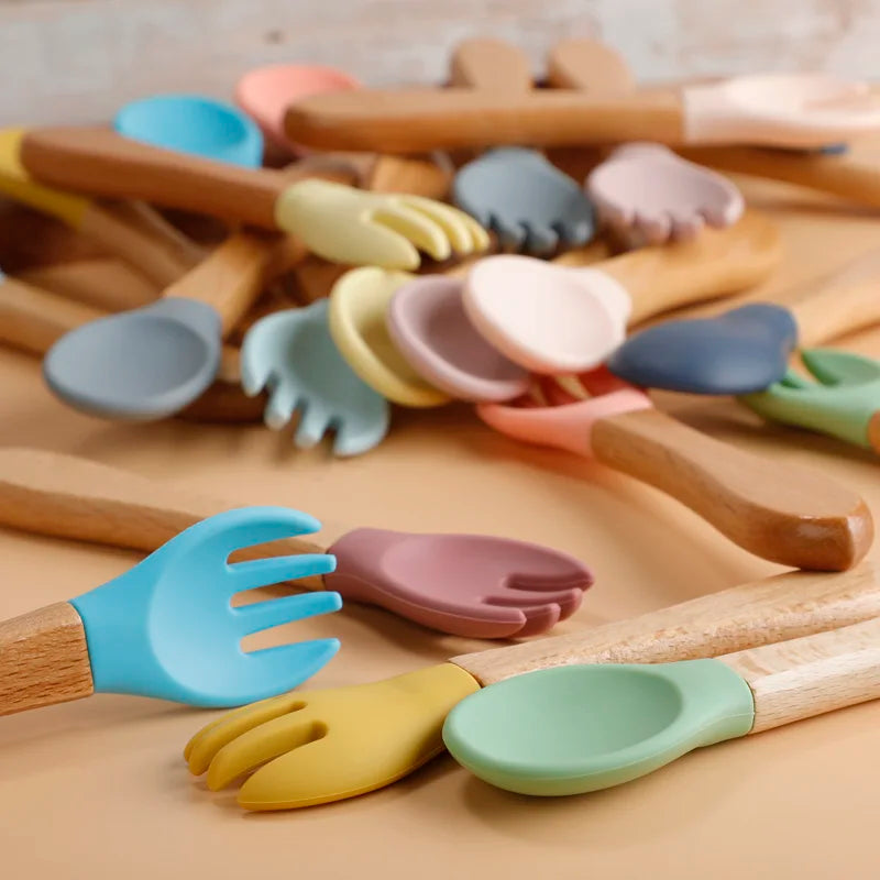 2Pcs Food Grade Silicone Spoon and Fork Set Baby Feeding Training with Wooden Handle Toddlers Infant Eat Independently Acce