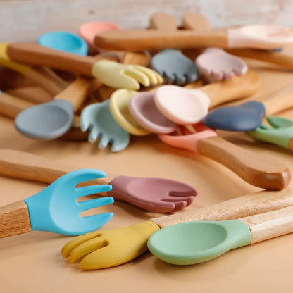 2Pcs Food Grade Silicone Spoon and Fork Set Baby Feeding Training with Wooden Handle Toddlers Infant Eat Independently Acce
