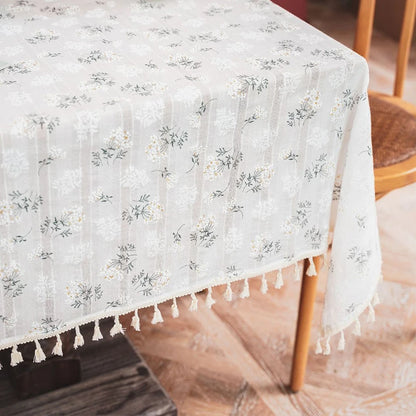 Korean Style Daisy Tassels Cotton Floral Tablecloth,Tea Table Decoration,Rectangle Table Cover For Kitchen Wedding Dining Room