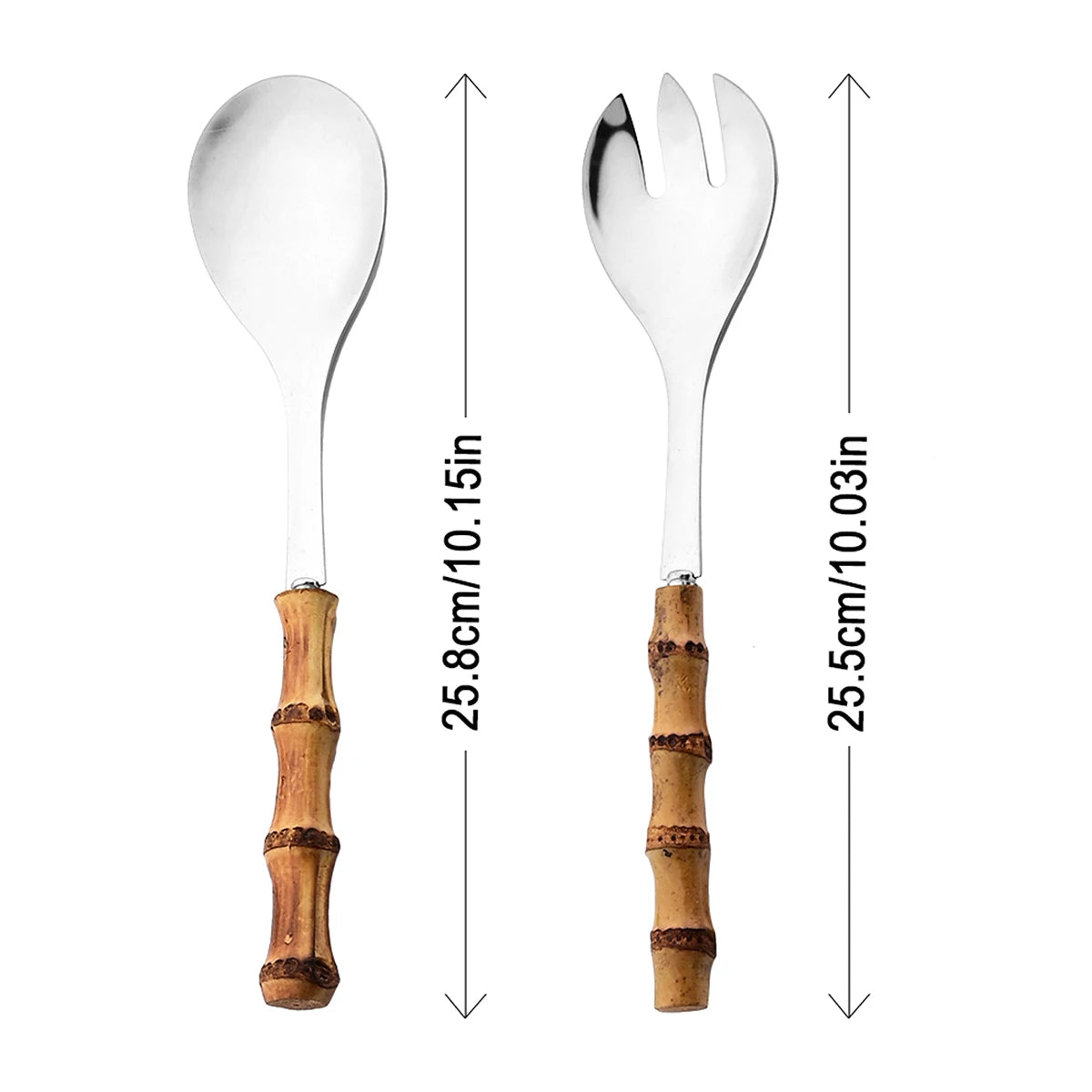2/4Pcs Long Handle Serving Spoon Fork Bamboo Wooden Handle Salad Spork Kitchen Stainless Steel Tableware Cutlery Silverware Set