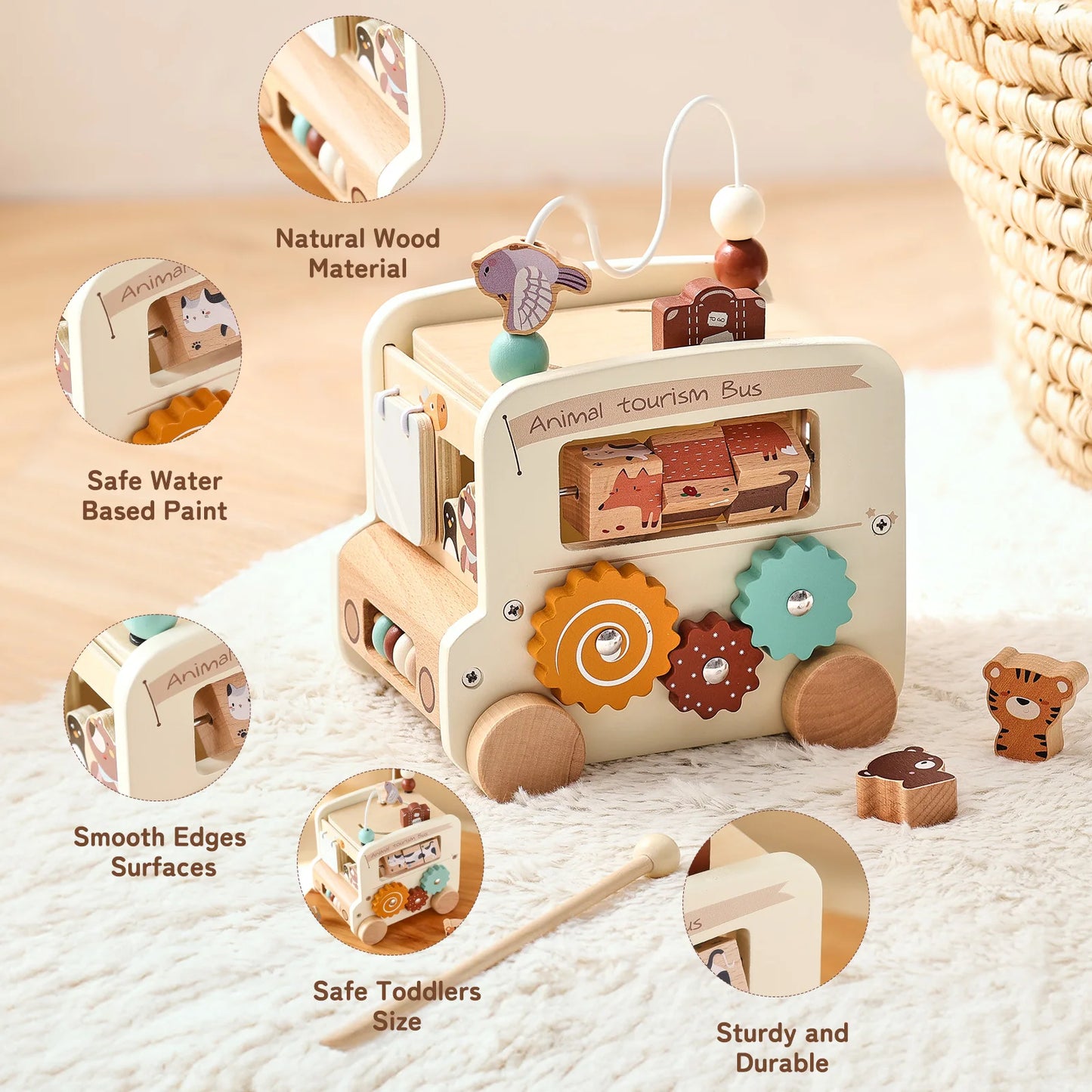 Baby Wooden Montessori Toy 0-12Months Baby Car Toy Polyhedron Busy Bus Toy Kids Early Education Hand Brain Sense Organ Toys Gift