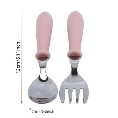 Infant Food Feeding Spoon Fork Baby Gadgets Tableware Set Utensil Stainless Steel Toddler Dinnerware Cutlery детская посуда