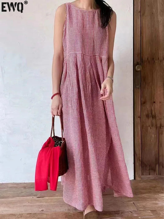 [EWQ] Elegant Female's Holiday Dresses For Formal Occasions Strap Plaid Sleeveless Long Dress Women 2024 Spring Summer 16U8904
