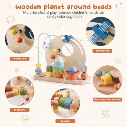 Baby Montessori Cartoon Rocket Satellite Blocks Toys Wooden Surround Planet Maze Toys Infant Color Recognition Educational Toys