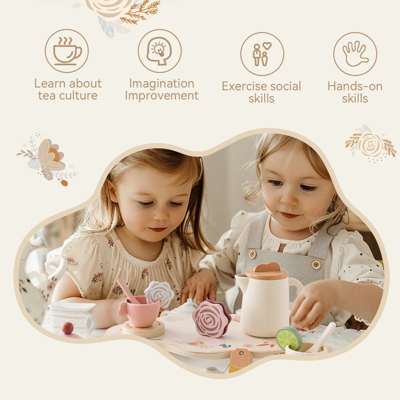 Baby Wooden Montessori Toys Silicone Cups Wooden Plate Trays Dessert Model Playing House Afternoon Tea Set Kids Puzzle Toys Gift
