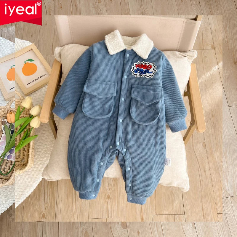 IYEAL  Winter Corduroy Thickened Warm Lapel Romper New Baby Boys' Fleece Jumpsuit  Baby Clothes Outside Wearing Winter Rompers