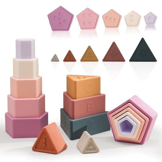 1Set Silicone Stacking Toys Building Block BPA Free Baby Silicone Teether Soft Block Folding Educational Game Toys