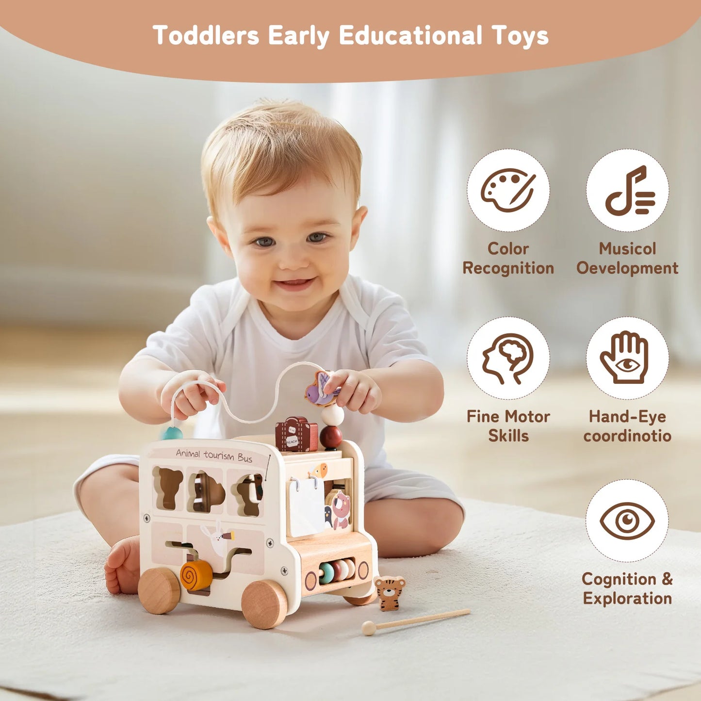 Baby Wooden Montessori Toy 0-12Months Baby Car Toy Polyhedron Busy Bus Toy Kids Early Education Hand Brain Sense Organ Toys Gift