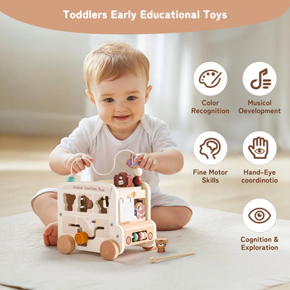 Baby Wooden Montessori Toy 0-12Months Baby Car Toy Polyhedron Busy Bus Toy Kids Early Education Hand Brain Sense Organ Toys Gift