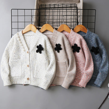 2024 New Fashion Children's Cardigan Girl Beading V-neck Cotton Cashmere Sweaters Coat Spring Autumn Kids Wool Knitted Jacket