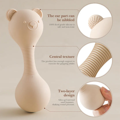 1PC Baby Rattle Toys Silicone Animal Cartoon Bear Sand Hammer Toys Newborn Bed Bell Rattle BPA Free Silicone Teether Toys Gifts