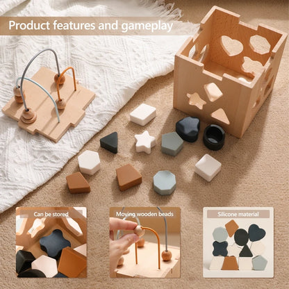 Wooden Box Toys Five-in-one Multifunctional Geometric Shape Blocks Shape Matching Toys Montessori Puzzle Education Stacking Game