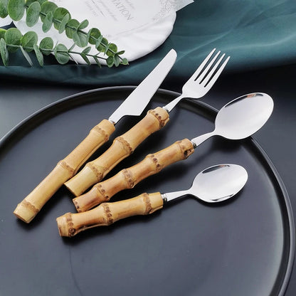16/24/32Pcs Dinnerware Sets Original Nature Bamboo Handle Stainless Steel Cutlery Fork Spoon Home Kitchen Tableware Cutleri