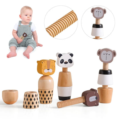 Wooden Montessori Toys Creative Cartoon Animal Bear Shaped Knob Screw Rattles Block Toys Kid Early Educational Puzzle Toys Gifts