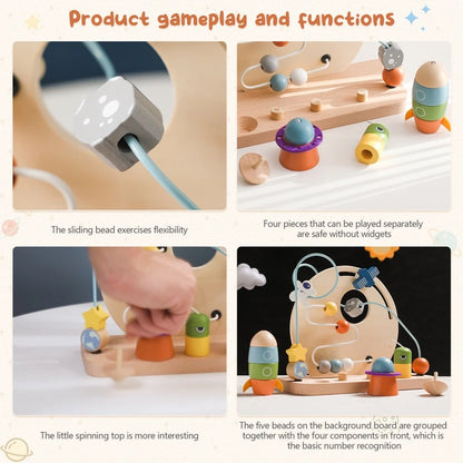 Baby Montessori Cartoon Rocket Satellite Blocks Toys Wooden Surround Planet Maze Toys Infant Color Recognition Educational Toys