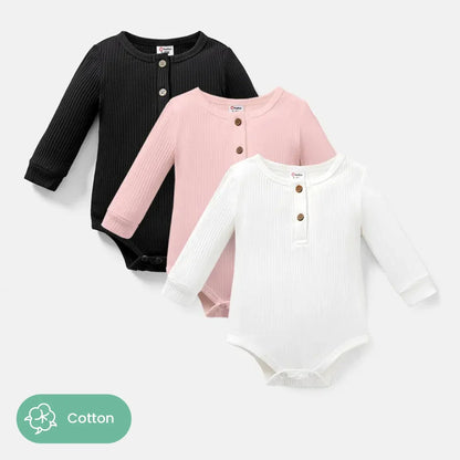 PatPat 3-Pack Baby Girl/Boy Cotton Button Design Solid Color Ribbed Long-sleeve Rompers Soft and Comfortable
