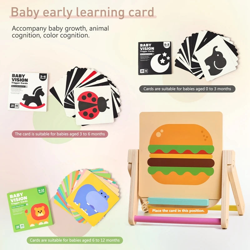 Montessori Baby Visual Stimulation Wooden Mirror Toys Black and White Flash Cards High Contrast Visual Stimulation Learning Toys
