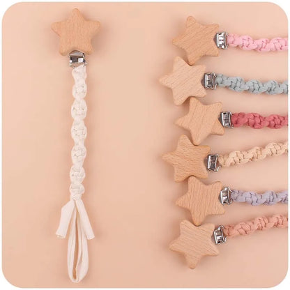 Baby Beech Wood Pentagram Pacifier Clip Handmade Woven Cotton Soother Nipple Chain For Baby Nursing Teether Chewing Toys Gift