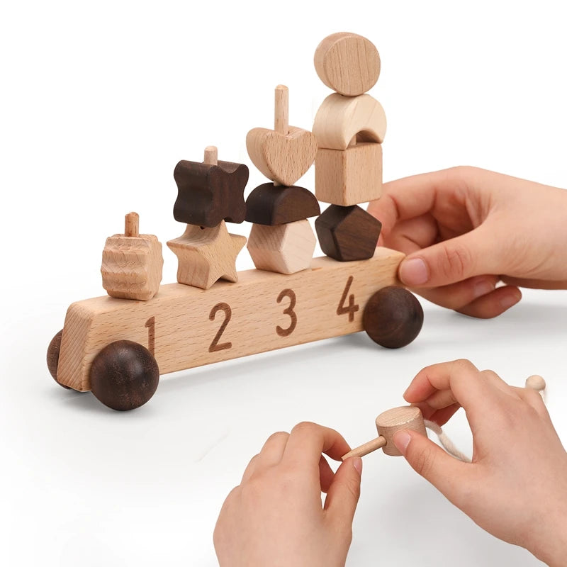 Wooden Building Blocks Interactive Toy Car for Kids Threading Montessori Toys Early Educational Game Toys Gift For Children Play