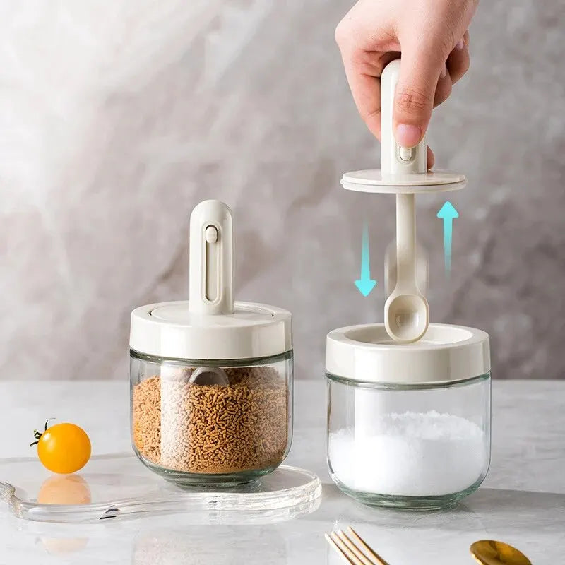 1pc Glass Seasoning Bottle With Telescopic Spoon Household Kitchen Salt Storage Box Leak Proof and Moisture-proof