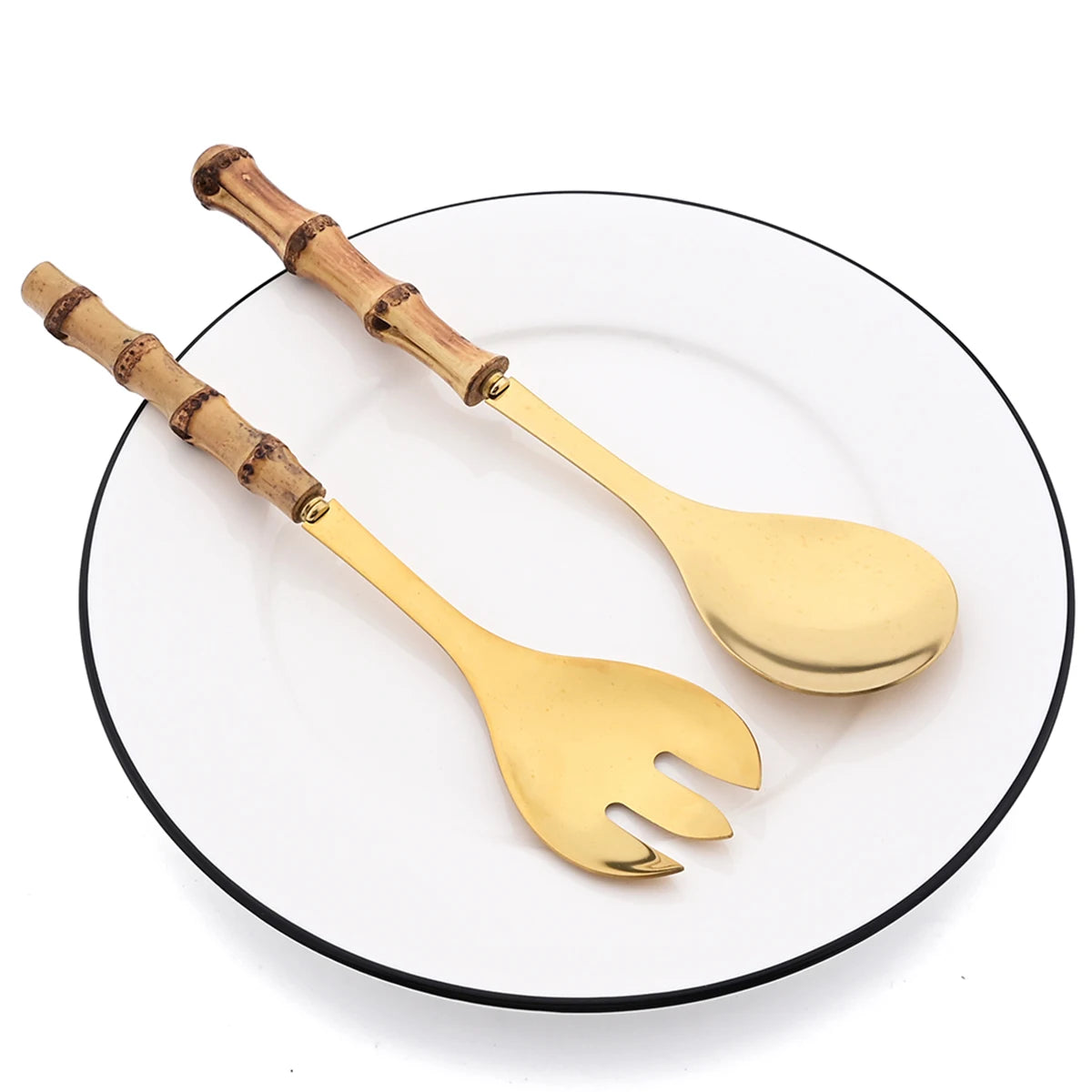 2/4Pcs Long Handle Serving Spoon Fork Bamboo Wooden Handle Salad Spork Kitchen Stainless Steel Tableware Cutlery Silverware Set