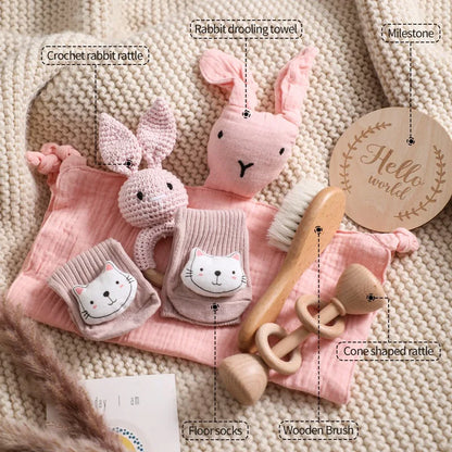 Baby Cotton Blanket Newborn Bath Set Gifts Box Wooden Ring Crochet Rabbit Rattle Brushs Bracelet Towel For Baby Shower Gift