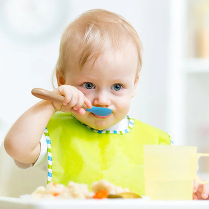2Pcs Food Grade Silicone Spoon and Fork Set Baby Feeding Training with Wooden Handle Toddlers Infant Eat Independently Acce
