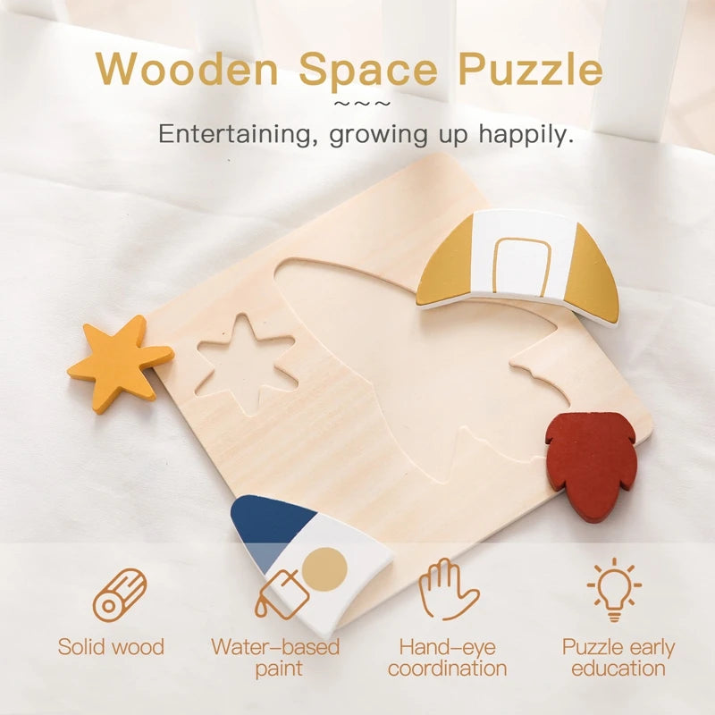 Wooden Puzzle Montessori Toys Baby Cartoon Astronaut Tangram Shapes Puzzle Learning Education Toys Kid Intelligence Jigsaw Gifts