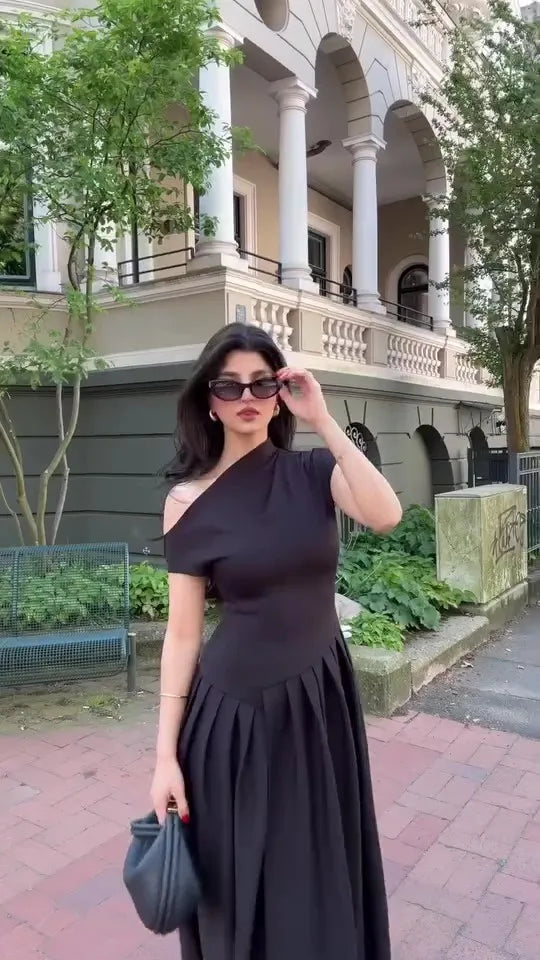 Diagonal Collar Pleated Summer Dress