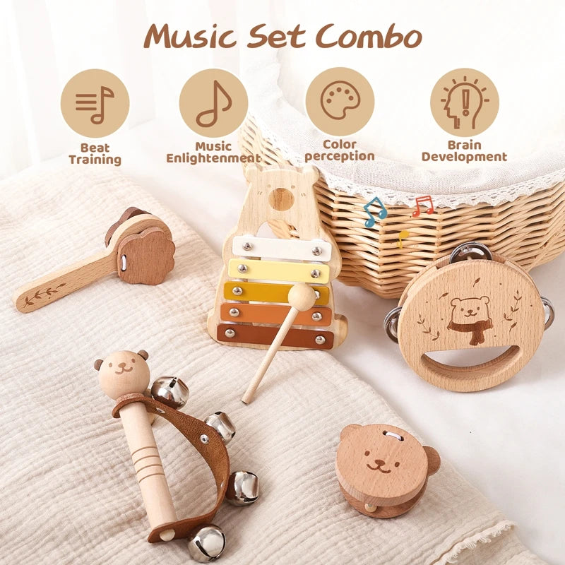 Kids Musical Instrument Toys Montessori Baby Wooden Cartoon Bear Percussion Toy Game Interactive Music Educational Toy Baby Gift