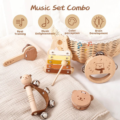 Kids Musical Instrument Toys Montessori Baby Wooden Cartoon Bear Percussion Toy Game Interactive Music Educational Toy Baby Gift