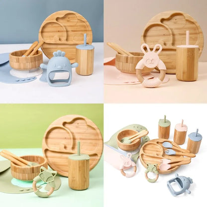 Wooden Dinner Plate Feeding Supplies Bamboo Baby Tableware Silicone Suction Plate Bowl BPA Free Baby Stuff Newborn Accessories
