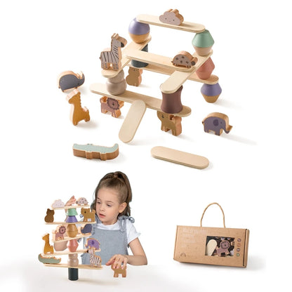 Montessori Toys Balanced Stacked Wooden Building Blocks Animal Board Game Puzzle Toys Are Placed In Animal-shaped Scene Gift Kid