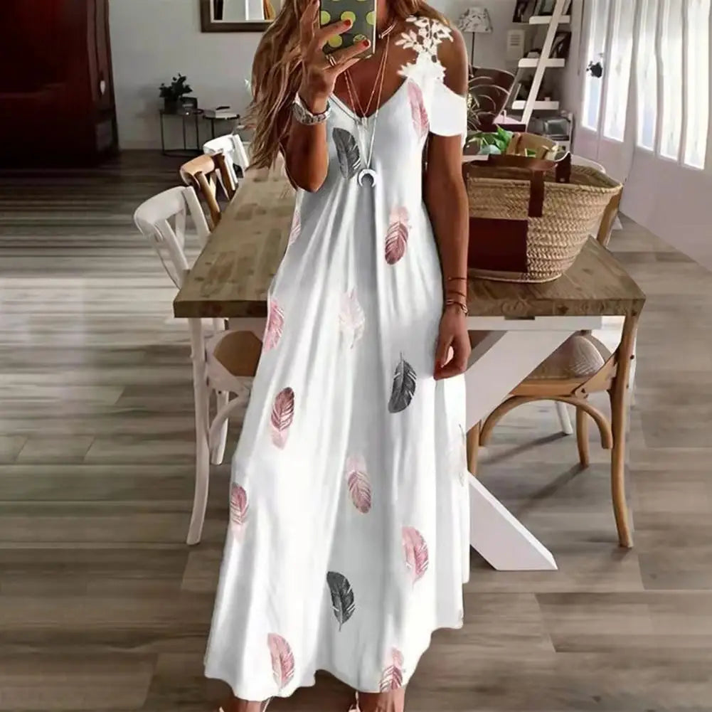 Feather Printed A-Line Maxi Dress