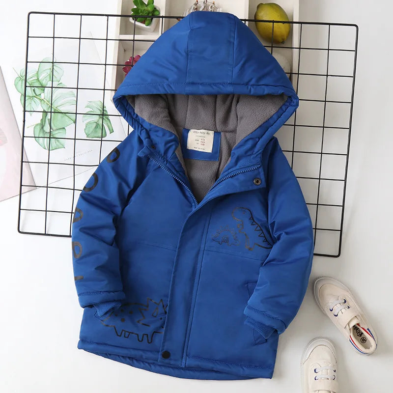 IYEAL Children's Coat Cartoon Dinosaurs Kids Clothes Cotton Padded Warm Velvet Windproof Hooded Jacket Boys Thickened Outwear