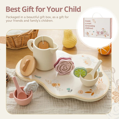 Wooden Afternoon Tea Set Rattle Toy Cosplay Food Pretend Play Toys Simulation Kitchen Play Game Baby Early Educational Toys Gift