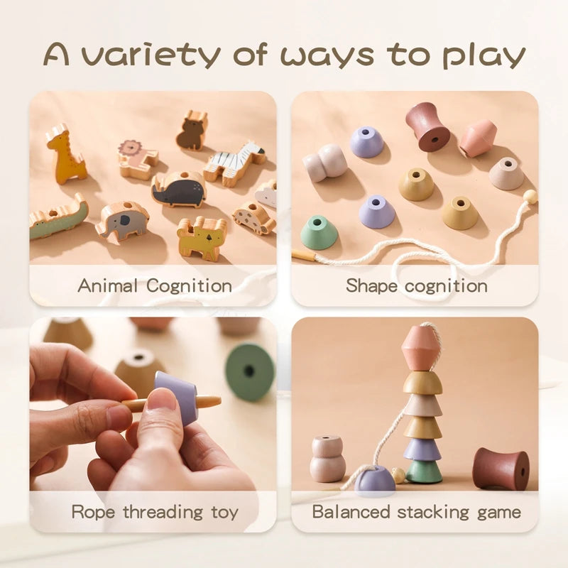 1Pcs Baby Wooden Animal Threading Toys Montessori Zoo Theme Stacking Blocks Puzzle Infant Animal Stringing Threading Toys Gifts