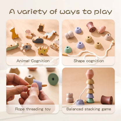 1Pcs Baby Wooden Animal Threading Toys Montessori Zoo Theme Stacking Blocks Puzzle Infant Animal Stringing Threading Toys Gifts