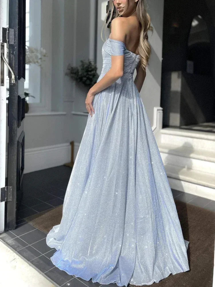 Blue Sequined High Waist Slit Dress