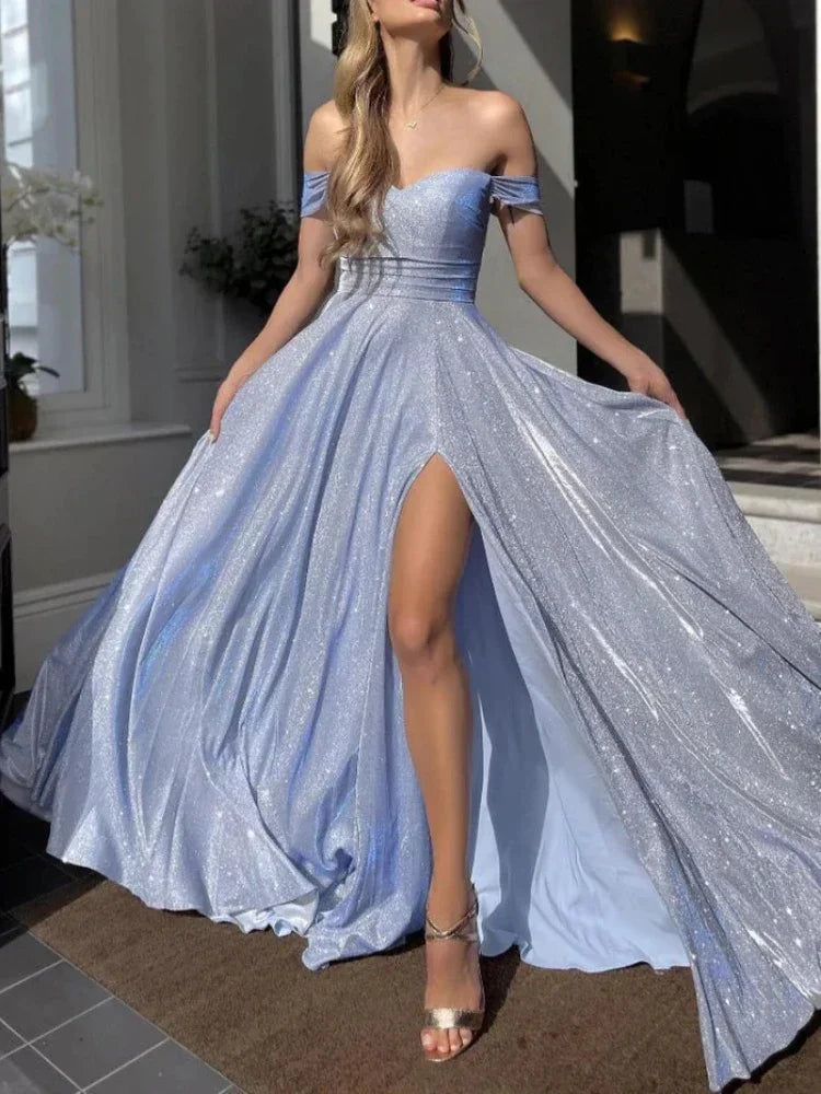 Blue Sequined High Waist Slit Dress