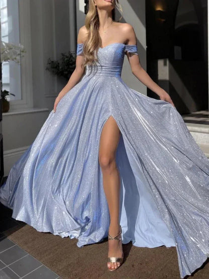 Blue Sequined High Waist Slit Dress