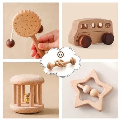 Baby Wooden Rattle Toys Beech Blocks Cartoon Car Rattle Toy Kid Hand Bell Educational Montessori Teething Play Gym Baby Toy Gift