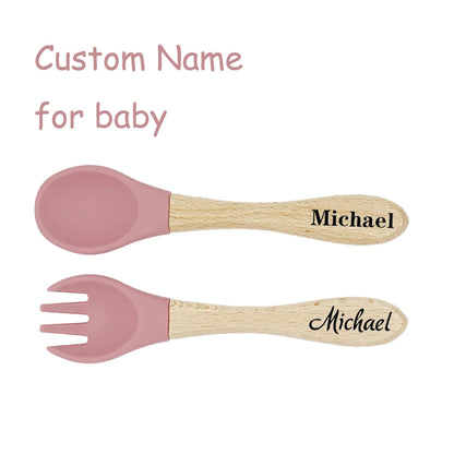 Custom Name Personalized Baby Bamboo Fork Silicone Wooden Feeding Spoon Toddlers Infant Feeding Accessories Organic BPA Free