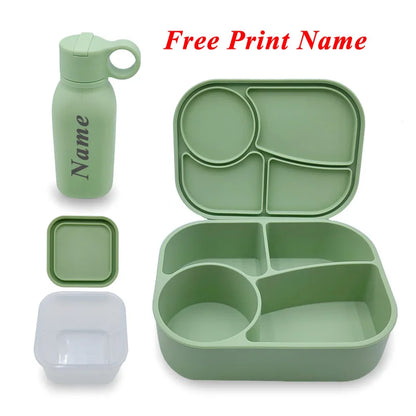 Personalized Name Silicone Lunch Bento Box Straw Water Bottle Sets Camping Picnic Food Drinkware Container Sippy Bottle For Kids